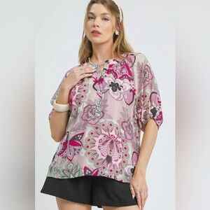 Umgee Floral Print Half Sleeve Blouse